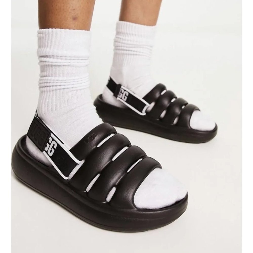 UGG Sport Yeah Sandals 9 Black Slides logo Print Backstrap - Picture 11 of 11